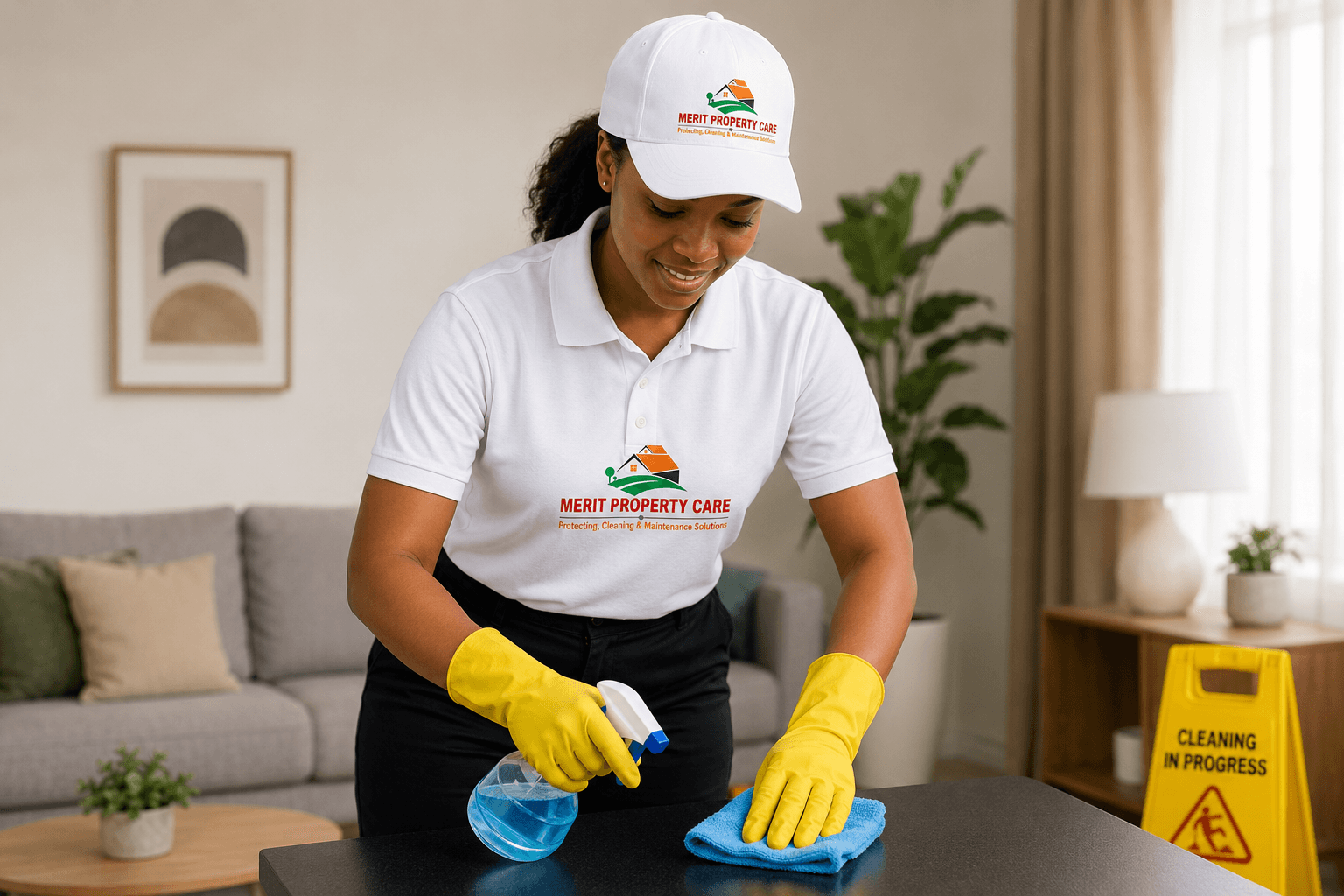 A Merit Property Care cleaner wiping down a table indoors
